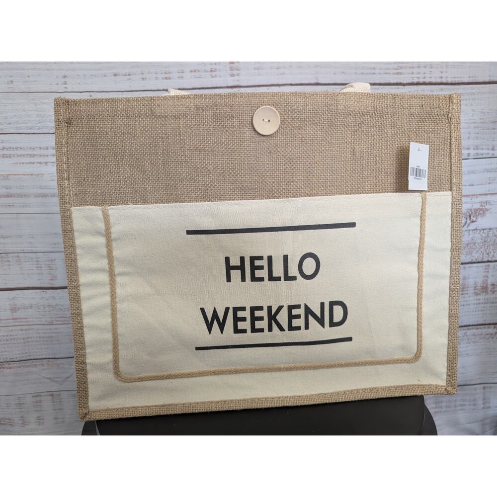 Boho "Hello Weekend" Large Burlap Jute Tote Bag Cottagecore Beach Travel NWT - Picture 2 of 9
